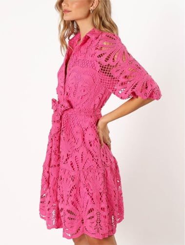 Image of Women's Summer Hollow Out Lace Mini Dress Lantern Sleeve Lapel Button Ruffle Casual Beach Party Dresses