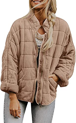 Quilted Jackets for Women Women's Causal Lightweight Stand Collar Long Sleeve Oversized Zip Up Winter Coats