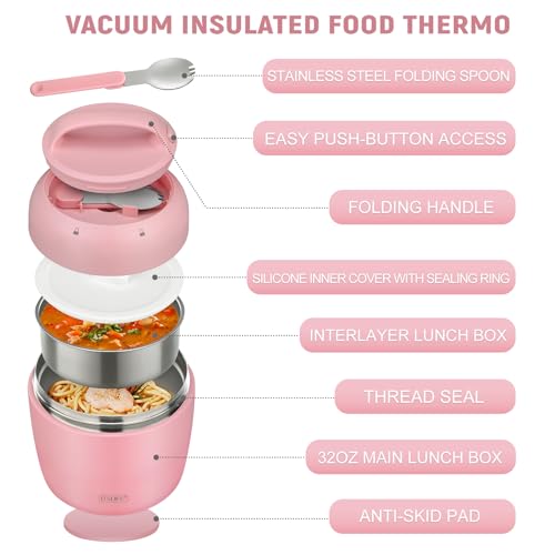 Image of Thermo Food Jar for Hot Food Adults 32OZ Soup Thermo Lunch Containers Wide Mouth Vacuum Insulated Stainless Steel Leakproof Bento Box with Spoon (NEW-PINK)