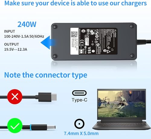 Image of 240W AC Charger for Dell G15 G16 G7 G5 /G5 SE G3 Series, Alienware 13 15 17 x15 x16 x17 m15 m17 Laptop, Precision 7510 7520 7710 7720 7730 3541 3550 355 Laptop Power Adapter