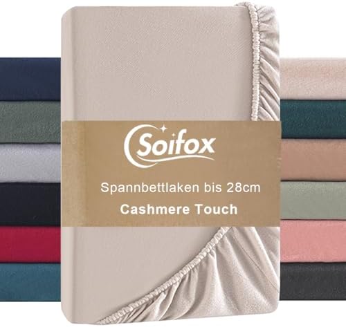 Soifox Jersey Warm Fleece Spannbettlaken 180x200cm bis 200x200cm Thermo Fleece Kuschelig Flauschig Cashmere Touch Bettlaken für Boxspringbett Topper Matratze Beige mit Gummizug