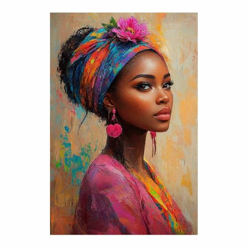 Tableau sur toile peinture abstraite femme noire foulard rose haute définition