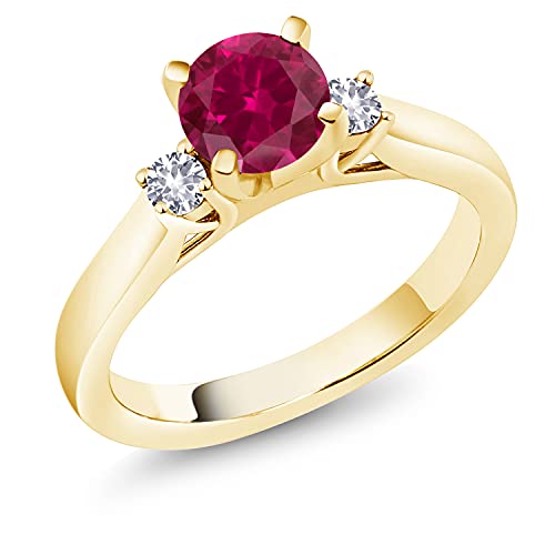 Gem Stone King 18K Yellow Gold Plated Silver Red Created Ruby and White Created Sapphire 3-Stone Engagement Ring For Women (1.10 Cttw, Round 6MM, Gemstone July Birthstone, Available in Size 5,6,7,8,9)