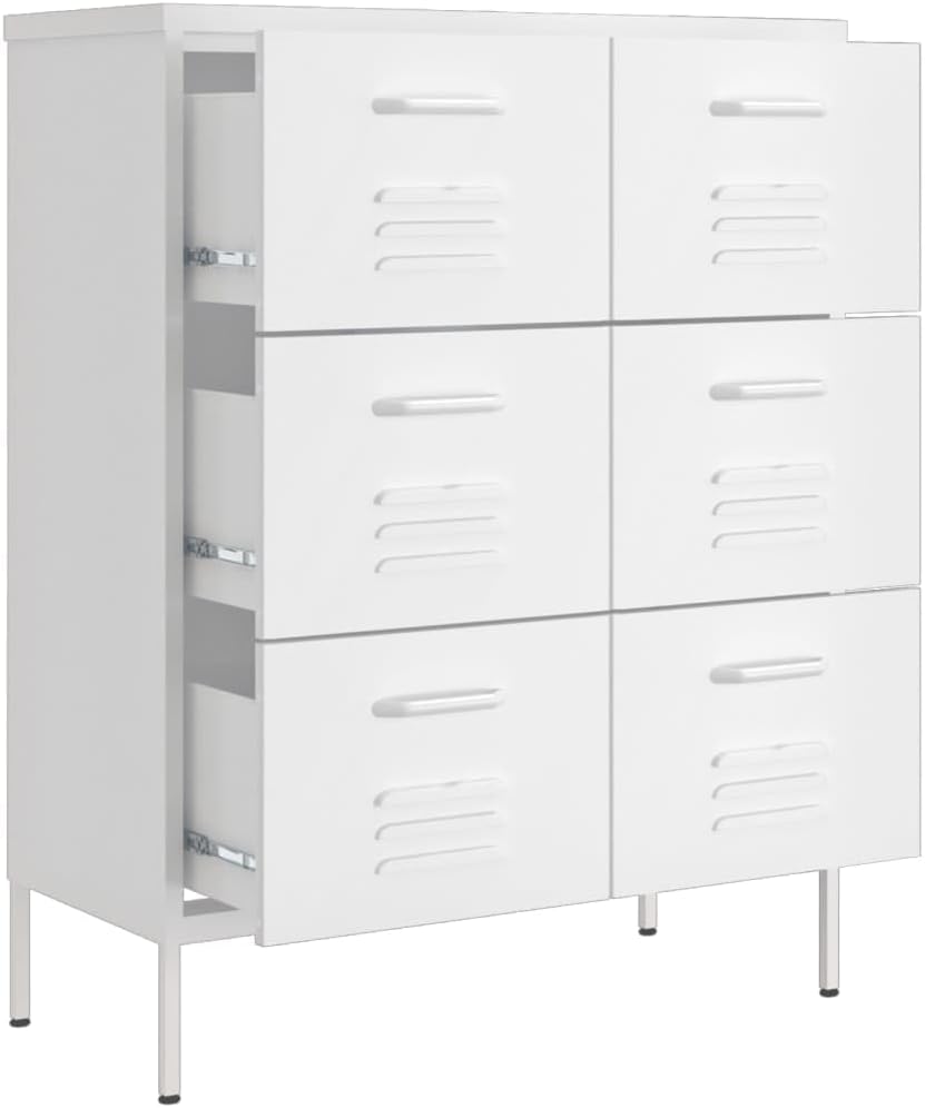 White Steel Drawer Cabinet with Six Fully Extendable Drawers Medium Size 13.8 x 31.5 x 40 in Storage Locker for Home Office Living Room Durable Matte Finish
