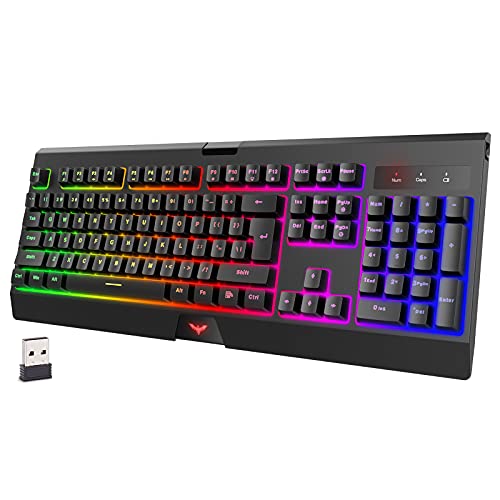 Havit Wireless Gaming Keyboard, Rechargeable Rainbow Backlit Keyboard Led 2.4G Wireless Slim USB Keyboards Ergonomic 104 Keys for Windows PC Gamers Desktop Computer Black