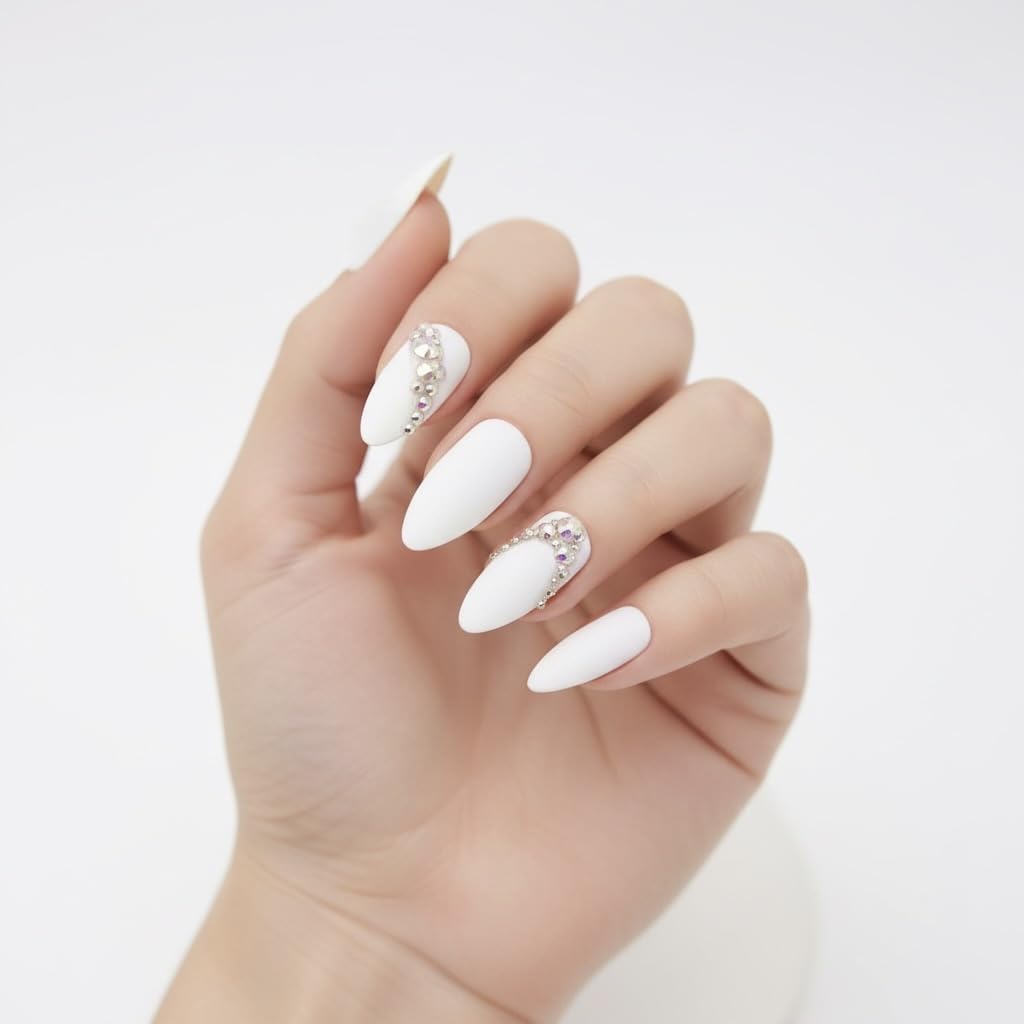 Amazon.com: Matte White 3D Crystal Design Press On Nails, Long