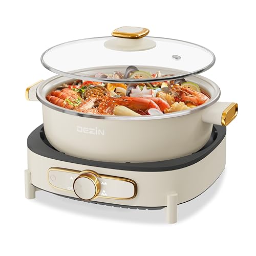 Dezin Electric Shabu Shabu Pot with Removable Pot, 5L Non-Stick Hot Pot Electric with Multi-Power Control, 3.7″ Depth Electric Pot with Tempered Glass Lid for Party, Family and Friend Gathering