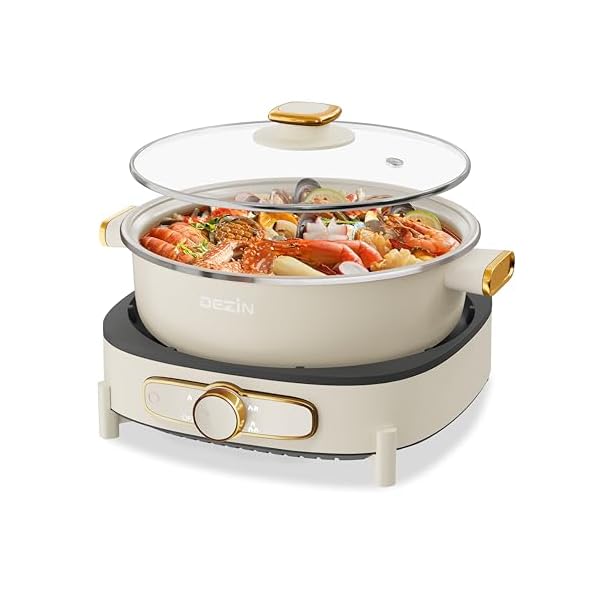 Dezin Electric Shabu Shabu Pot with Removable Pot, 5L Non-Stick Hot Pot Electric with Multi-Power Control, 3.7″ Depth Electric Pot with Tempered Glass Lid for Party, Family and Friend Gathering