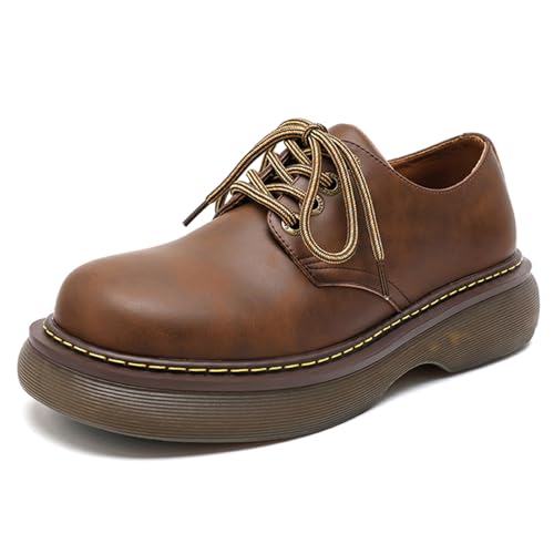 Men's Vintage Platform Genuine Leather Fashion Dress Sneakers Business Round Toe Oxfords Shoes Casual Chunky Derby Shoes
