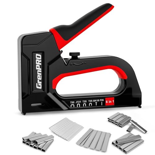 GRENPRO Staple Gun, 6-in-1 Manual Brad Nailer with 5000 Staples, Upholstery Stapler Gun for Wood, Carpentry, DIY Crafts, Furniture