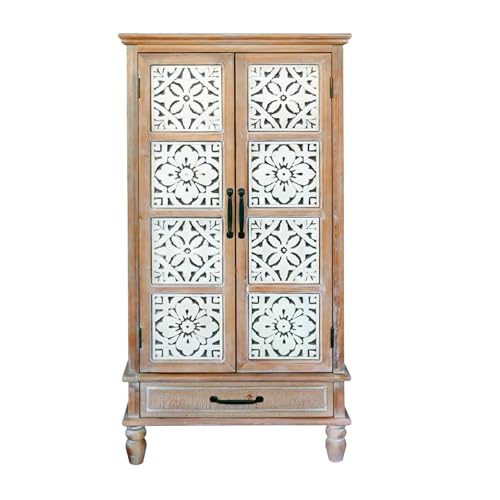 Image of KTART 55'' Solid Wood Tall Storage Cabinet,Kitchen Pantry Storage Cabinets | French Country Accent Cabinet with Shelves and Drawers,Solid Wood China Cabinet with Embossed Floral Metal Doors,Natural Wood