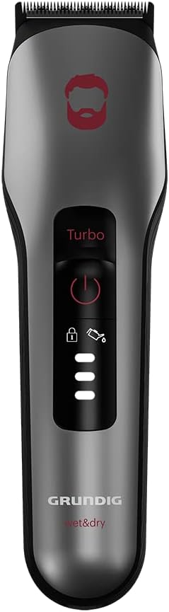 GRUNDIG ProClub MC 8030 Haar- en baardtrimmer, met BeardCare sensor, Titanium Blades-technologie, 2 kammen voor verschillende snijlengtes, lange looptijd, nat & droog, donker mat chroom/rood