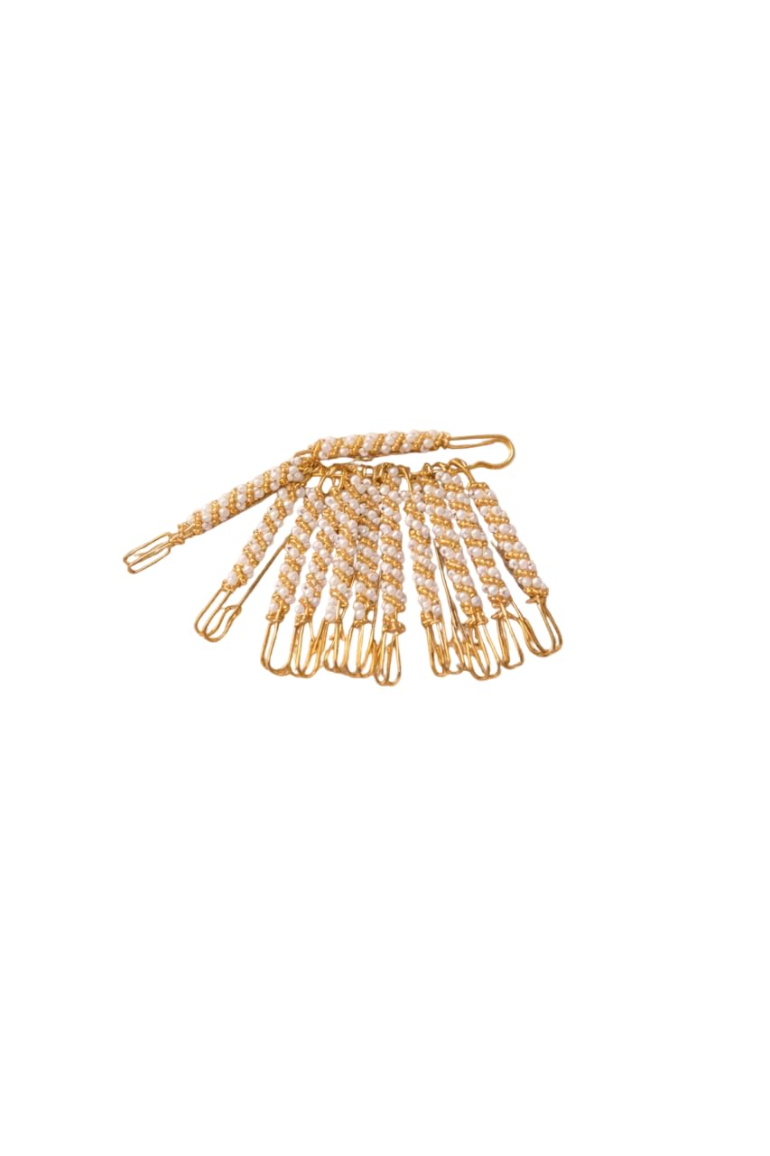 Pearl Saree Pins Set for Women – Gold Tone Safety Pins with White Beads Chain Design for Saree, Dupatta & Stylish Decorative Brooch Pins for Wedding & Party (Pack of 12)-image-35