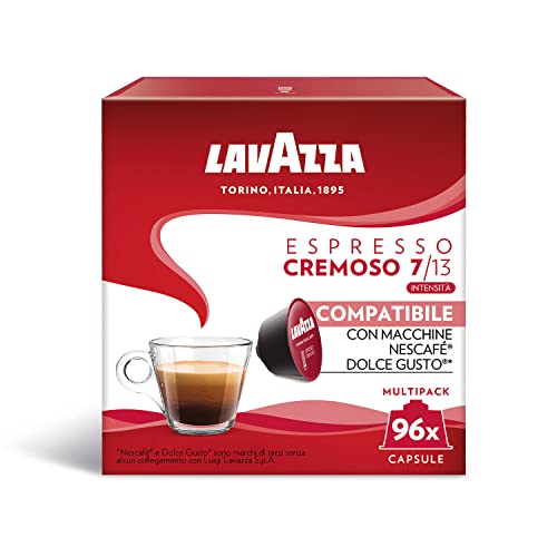 Lavazza, Espresso Cremoso, 96 Capsule di Caffè Compatibili con Macchine Nescafé Dolce Gusto, con Note di Cioccolato e Frutta Secca, Arabica e Robusta, Intensità 7/13, Tostatura Media, 6 Confezioni