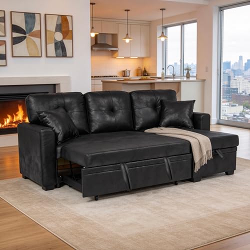 Image of KEIKI 71 inch Sectional Sleeper Sofa with Pull Out Bed, L Shaped Sleeper Sofa with Reversible Chaise, 3 Seater Modular Sectional Sofa with Storage for Living Room, Classic Black