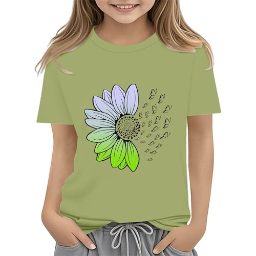 Girls Loose Fit Sunflower Graphic T Shirts Short Sleeve Crewneck Cute Pattern Printed Tops (D-Mint Green, 4-5 Years)