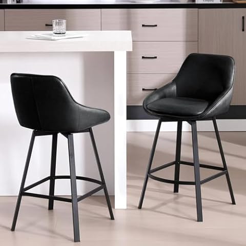 Zesthouse Swivel Counter Height Bar Stools Set of 2, Counter Height Bar Stools with Backs, Upholstered Faux Leather Barstools with Metal Legs, Modern Counter Stools for Kitchen Island, Black Cover
