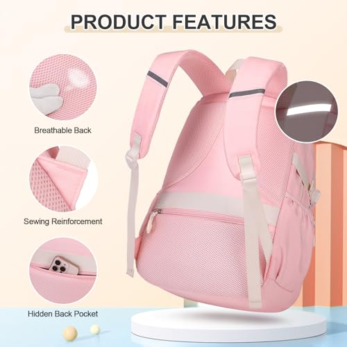 Backpacks for Girls, 3PCS School Backpack with Lunch Box Pencil Pouch for Teen Girls Kids Elementary Primary Middle High College School Bookbag Set （Pink）4