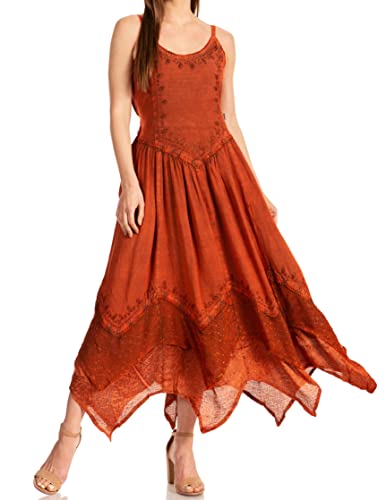 Image of Sakkas Rayon Embroidered Stonewashed Adjustable Spaghetti Straps Long Dress