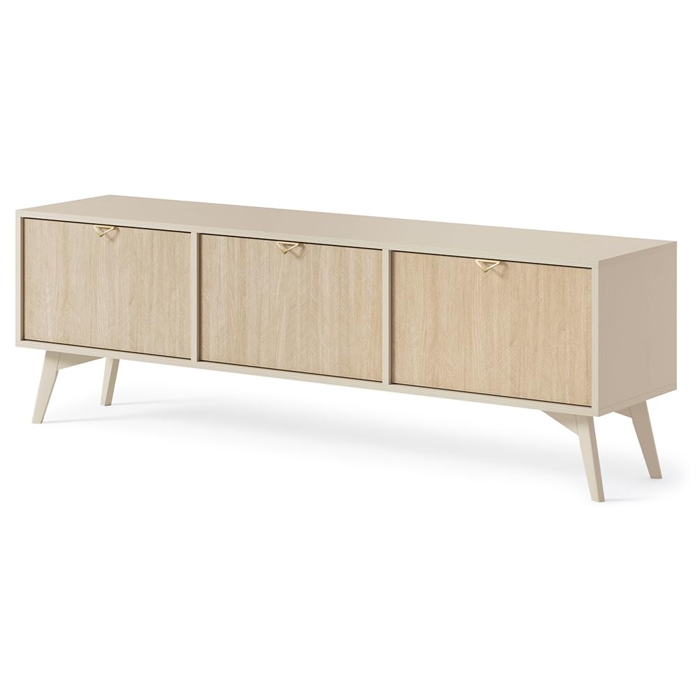 Lomadox Wohnmöbel Set Wohnwand beige, Front mit Fischgrätenmuster, 3-teilig, 1 Lowboard, 1 Regal, 1 Kommode
