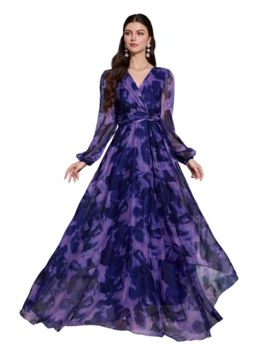 Image of TOLEEN Summer Casual Dresses for Women 2026 Spring Fashion Boho V Neck Long Sleeve Ruffle Floral Print Elegant Maxi Dress