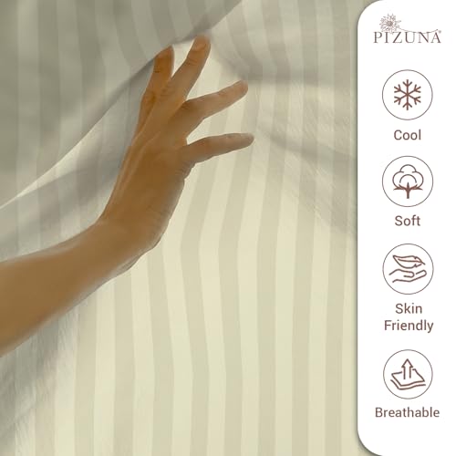 Image of Pizuna 100% Cotton Bedsheet Super King Size with 2 Pillow Covers, 300 Thread Count Long Staple Cotton, Stripes Pattern Flat Bed Sheet 108X108 Inch for Superking Bed, Cream