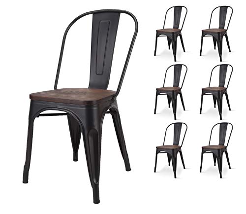 Kosmi - Lot de 6 chaises en métal Noir Mat avec Assise en Bois Massif foncé - Style Industriel