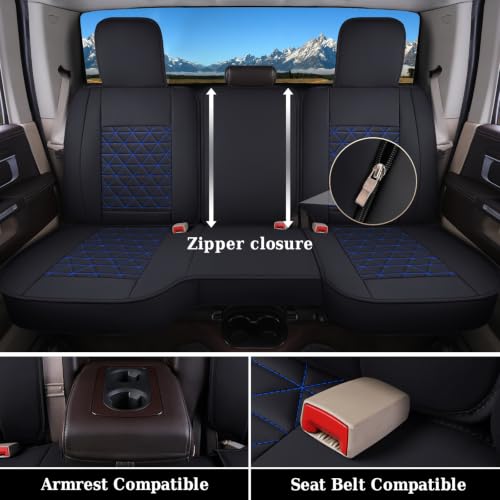 Image of Coverado Ram Seat Covers Full Set, Waterproof Ram 1500 Seat Cover Compatible with 2002-2026 Dodge RAM 1500 2500 3500 Crew Quad Cab with Curved Bench, Black&Blue line