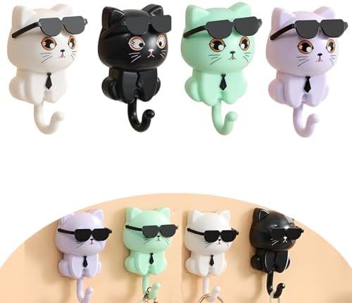 Adhesive Coat Hooks Key Holder, Creative Adhesive Cute Cat Key Hook, Home Storage Utility Wall Decorations for Hanging Hat, Key, Towel, Scarf, Bags, Punch Free (Black+White+Green+Purple)