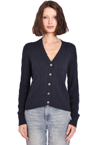 Image of Minnie Rose Women's Long Sleeve V Neck Cotton Frayed Cardigan Sweater
