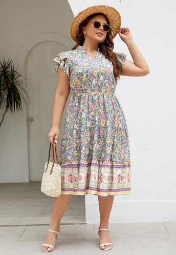 Image of Keluummi Plus Size Midi Dress for Curvy Women Wedding Guest Summer Floral Empire Waist Short Sleeve with Pockets