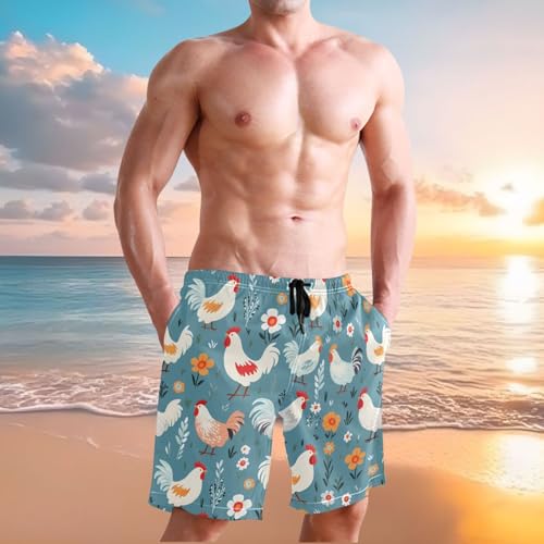 Men's Chicken Farmhouse Blue Swim Trunks Novelty Beach Shorts Quick Dry Swimming Board Trunks2