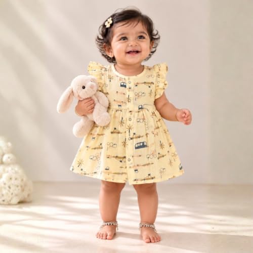 Image of Lilimi Toddler Baby Girl Cotton Muslin Dress, Breathable Flutter Sleeve Button-Front Cute Frocks