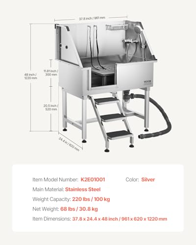 VEVOR Hundewaschstation aus Edelstahl, 961x620x1220 mm, Tierpflegewanne mit Ablagetreppe, Wasserhahn, Duschkopf & Seifenhalter, Hundebadewanne für große, mittelgroße & kleine Haustiere (Linke Tür)