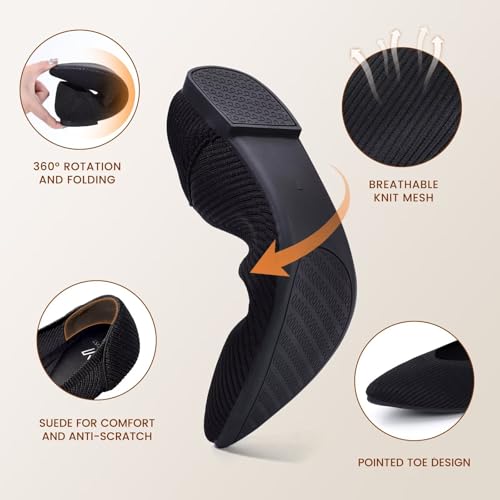 Vipost Women's Ballet Flats Foldable Knit Shoes Pointed Toe Slip On Lightweight Breathable for Work Travel Wedding Comfortable Dressy Flats Wide Width Options Coming Soon Black2