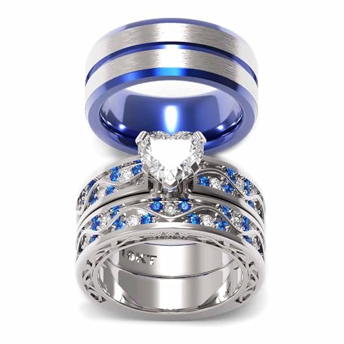 Couple Ring Bridal Set His Hers Women 10kt White Gold Filled Heart Moissanite Men Titanium Wedding Ring Band Set