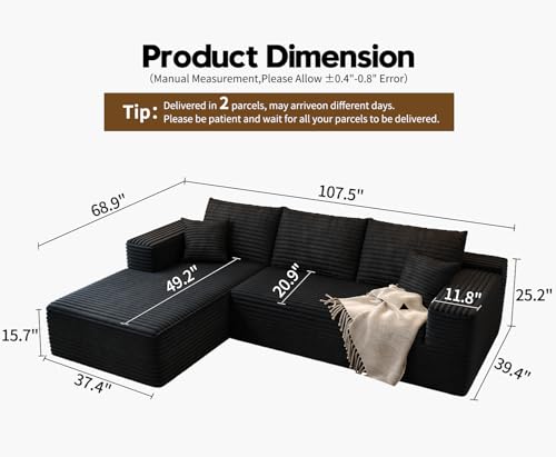 Image of 107.5 inch Cloud Modular Sectional Sofa Couch with L-Shape Chaise,Modern Minimalist Upholstered Couches for Living Room Bedroom,Deep Seat Corner Couch,No Assembly Required (Black,Left Facing Chaise)