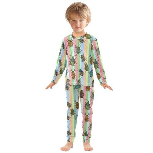 Pajama Sets Long Sleeve Beetle Pattern Colorful Stripes Soft Comfy Sleepwear 2 Piece PJS 3-8T2