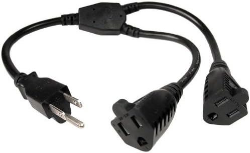 Power Y Cord, Black, NEMA 5-15P to Dual NEMA 5-15R, 16AWG, 13 Amp, 14 inch