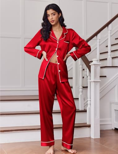 Image of Ekouaer Women's Classic Button Down Long Satin Silk Pajama Set