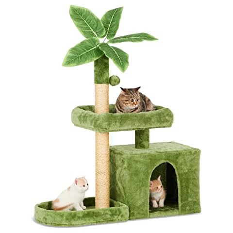TSCOMON 31.5" Cat Tree/Tower for Indoor Cats with Green Leaves, Cat Condo Cozy Plush Cat House with Hang Ball and Leaf Shape Design, Cat Furniture Pet House with Cat Scratching Posts, Green Cover