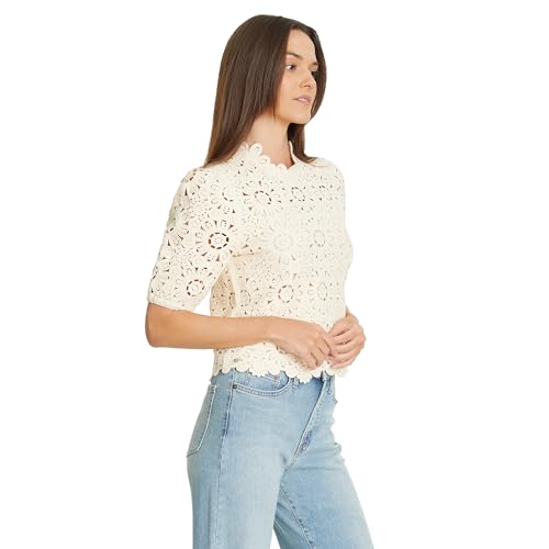Sam Edelman Women's Doral Crochet Knit Short Sleeve Sweater with Zipper Back Standard3
