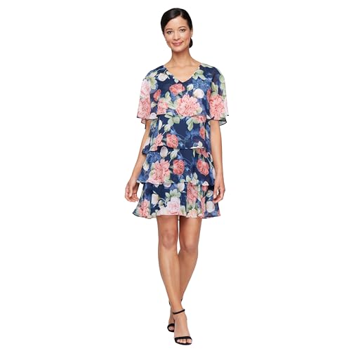 Image of S.L. Fashions Women's Short Sleeve Floral Tiered Chiffon Cocktail Spring /Summer Dress, Wedding Guest Dress