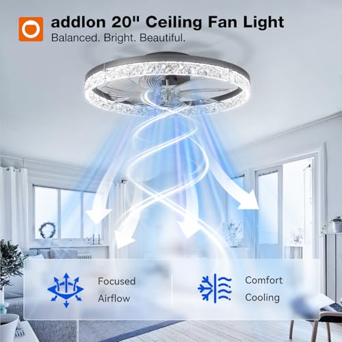 Image of addlon Ceiling Fans with Lights and Remote, 20'' Low Profile Flush Mount Ceiling Fan, 3000-6000K Dimmable LED Fandelier, Bladeless Crystal Fan Light for Bedroom, Kitchen, Living Room, Black
