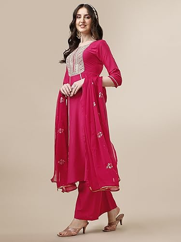 Image of EthnicJunction Women's Cotton Silk Embroidered Kurta Palazzo and Dupatta Set | Wedding Dress | Ethnic |Outfit