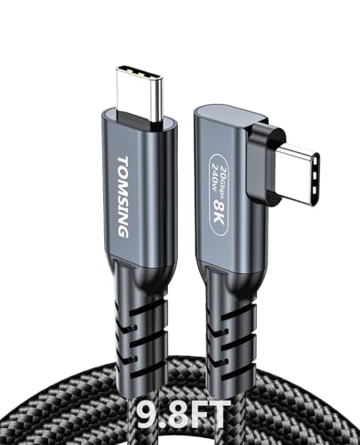 TOMSING Long Right Angle USB c to USB c 240W Fast Charging Cable, [9.8FT/3m],usb3.2 20Gbps high-Speed, 8K HD Video,Nylon Braided,Type C Cord Male to Male for laptops, Smartphone, Monitor.(Black)