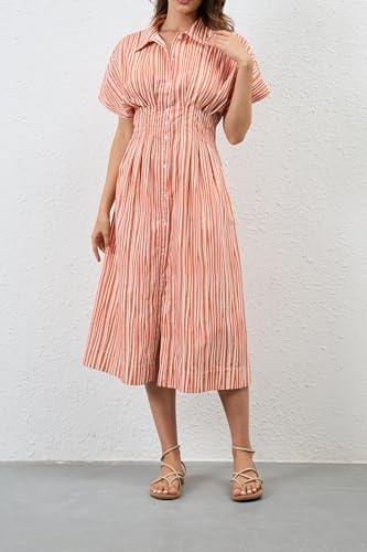Image of Women's Striped Button Front Pleated Maxi Shirts Dress Short Sleeve Collar V Neck Summer Casual Corset Long Dress