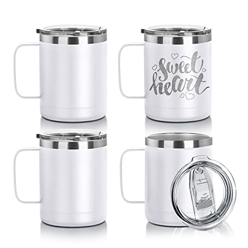Craft Express 10 Oz Stainless Steel Coffee Mug With Lid - Double Wall Vacuum Insulated Coffee Mug Tumbler With Handle - Engraved Powder Coated Travel Coffee Mug Cup For Glowforge Pro - White 4 Pack #TOP9