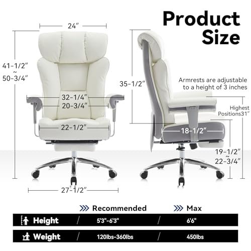 Image of Efomao Big and Tall Office Chair with Footrest, 450lbs High Back Executive Chair with Spring Cushion, PU Leather Upholstery, Padded Armrests, Swivel Base, and Rolling Wheels - White Computer Chair