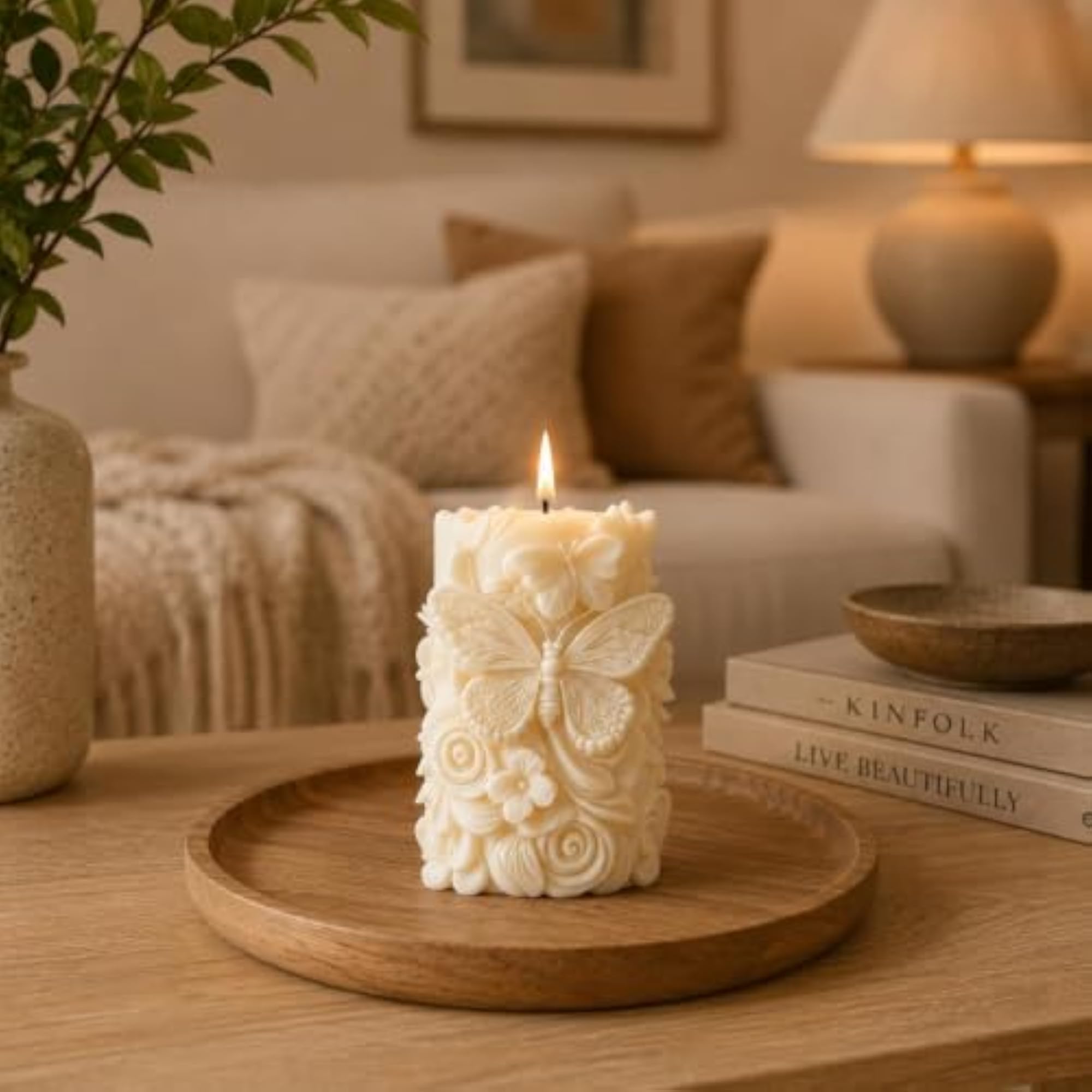 Handmade 3D Butterfly Sculpted Wax Pillar Candle
